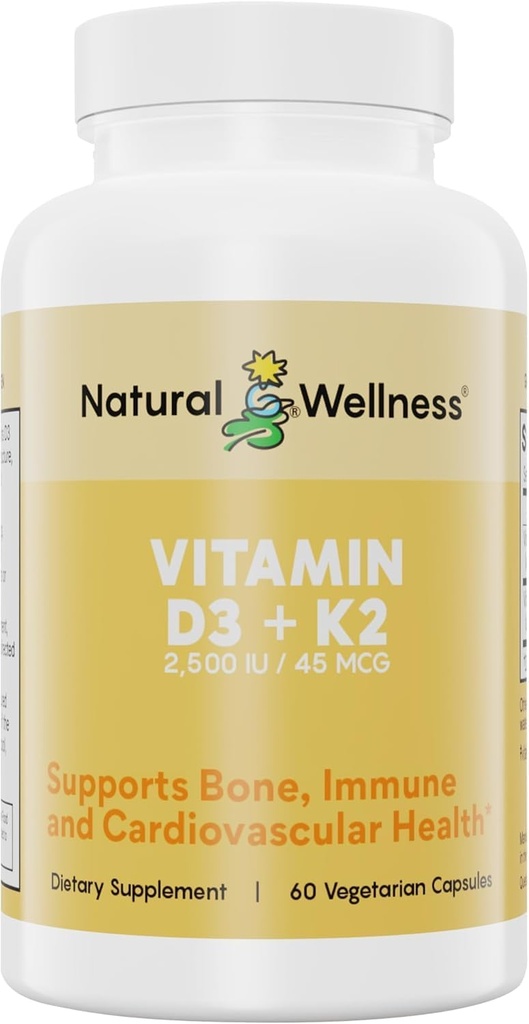 Bien-être naturel Vitamine D3 + K2 – Vitamine D3 2500 UI et K2 MK-7 45 mcg – Soutient la force osseuse, la santé cardiaque, l'immunité et le métabolisme - Supplément végétalien tout-en-un naturel, 90 capsules