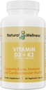 Bien-être naturel Vitamine D3 + K2 – Vitamine D3 2500 UI et K2 MK-7 45 mcg – Soutient la force osseuse, la santé cardiaque, l'immunité et le métabolisme - Supplément végétalien tout-en-un naturel, 90 capsules