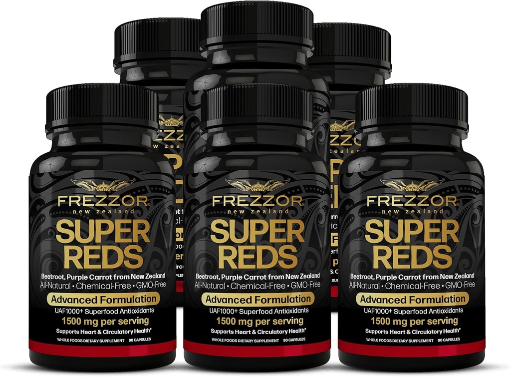 FREZZOR Super Reds Capsules avec UAF1000+, All-Natural New Zealand Red Superfood Energy, Essential Red Fruits Veggies & Beets, Antioxydants, Enzymes, Suppléments énergétiques, 540 Capsules, 6 bouteilles