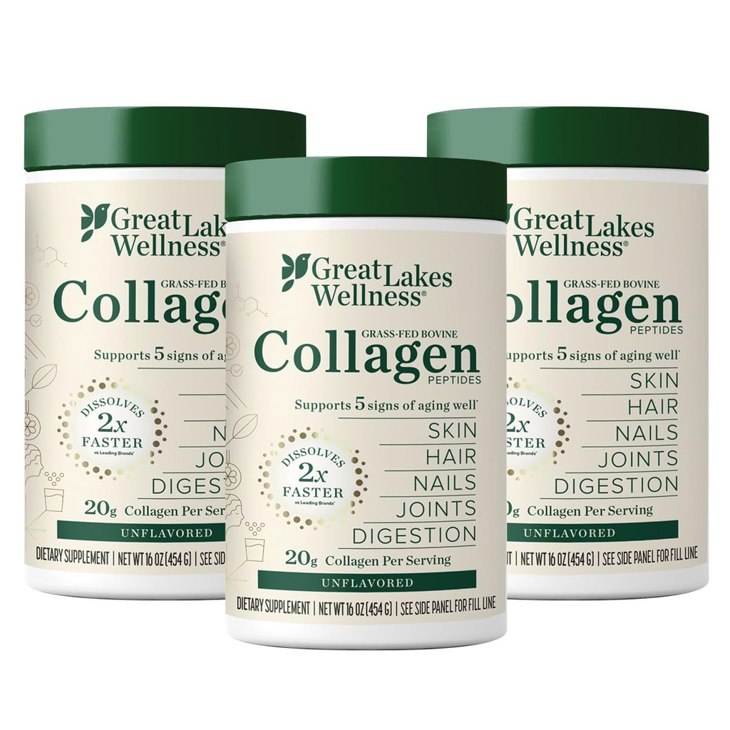 Great Lakes Wellness Peptides Collagène Poudre pour la peau, les cheveux, les ongles, les articulations et la digestion - Non aromatisé - Dissoudre rapidement Hydrolysé, non-OGM, Keto, Kosher - 16 oz - 3 paquets