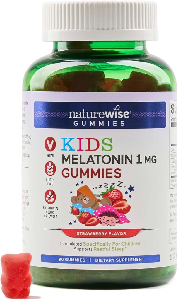 Naturewise Kids Melatonin Gummies 1 mg - Drug-Free, Non-Habit Forming Sleep Aid for Children Ages 4 & Up - Strawberry Flavored Gummy Bears - Vegan, Gluten Free, Non-GMO - 90 Count[3-Month Supply]