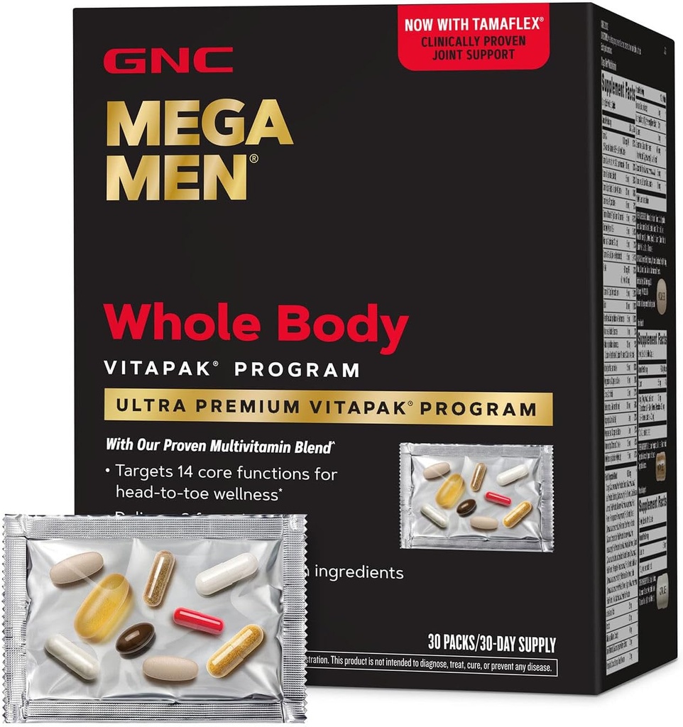 Mega Hommes Corps entier Ultra Premium Programme Vitapak, GNC , Meilleur pack de nutrition pour le bien-être des hommes, pratique, 8 produits en 1 paquet, mémoire, avec ingrédients cliniquement prouvés, soutien des articulations, 30 svgs