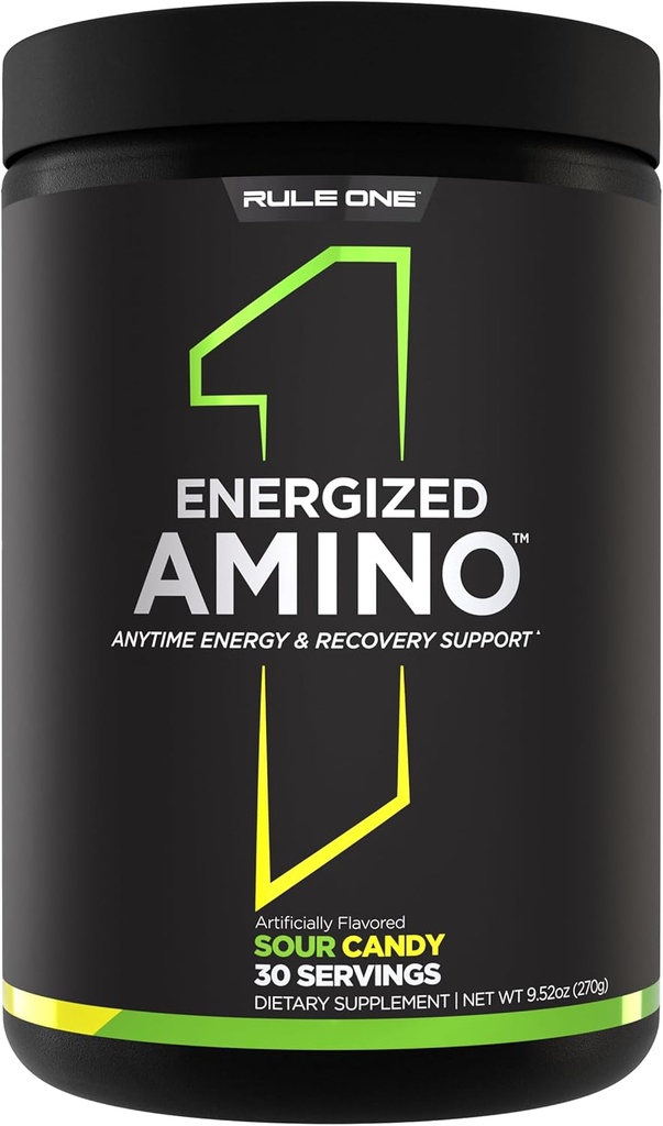Règle 1 Amino énergétique – Support de récupération et d'énergie à tout moment avec BCAA, Glutamine, Citrulline, Beta Alanine, et caféine à partir d'extraits de café et de thé verts (30 portions, Sour Candy)