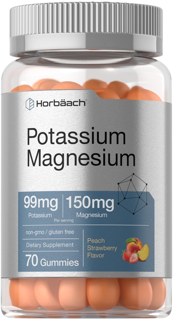 Horbäach Potassium Supplément Magnésium Gommies de pêche Flaveur de fraise de pêche de 70 comtes de légumes, non-OGM et formule sans gluten