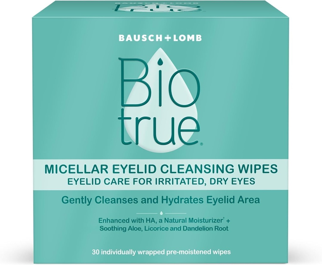 Biotrue Micellar Soin des paupières pour les yeux irrités et secs Nettoyant Wipes, de Bausch + Lomb, Multi, 30 Compte