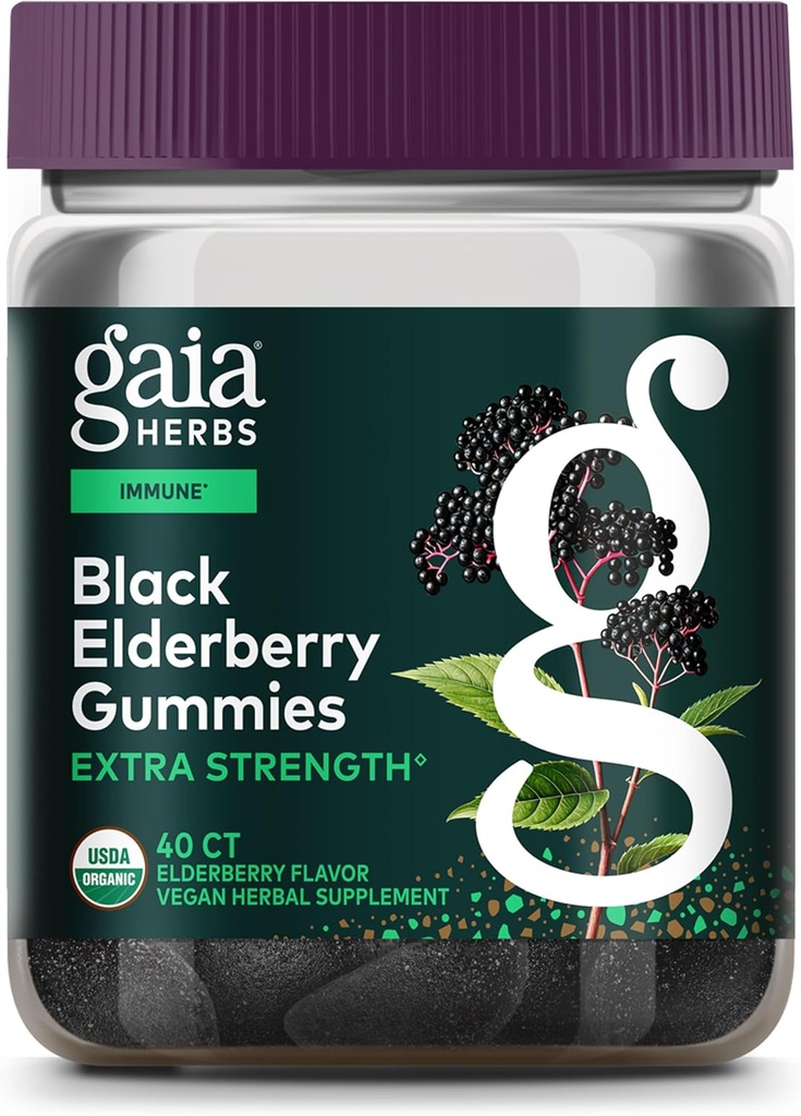 Gaia Herbs Black Elderberry (Sambucus Nigra) Gommies Extra Strength - Delicious Immmune Support Supplément - Fabriqué avec des mûres noires certifiées biologiques pour le système immunitaire Support - 40 Gommies