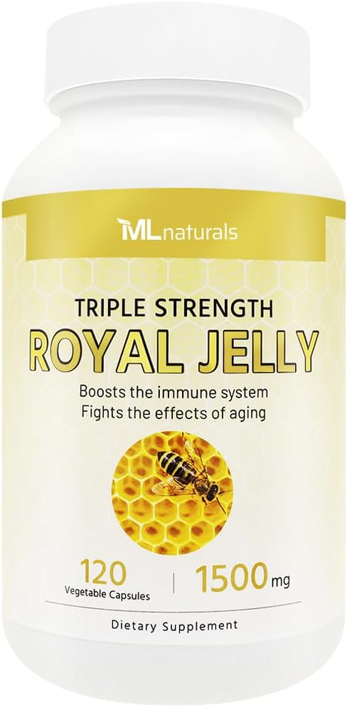 ML Naturals Royal Jelly 1500mg 120 capsules végétales, équivalent avec 6% (27mg) 10-HDA. Congelé, sans gluten, certifié NSF et conforme aux GMPc