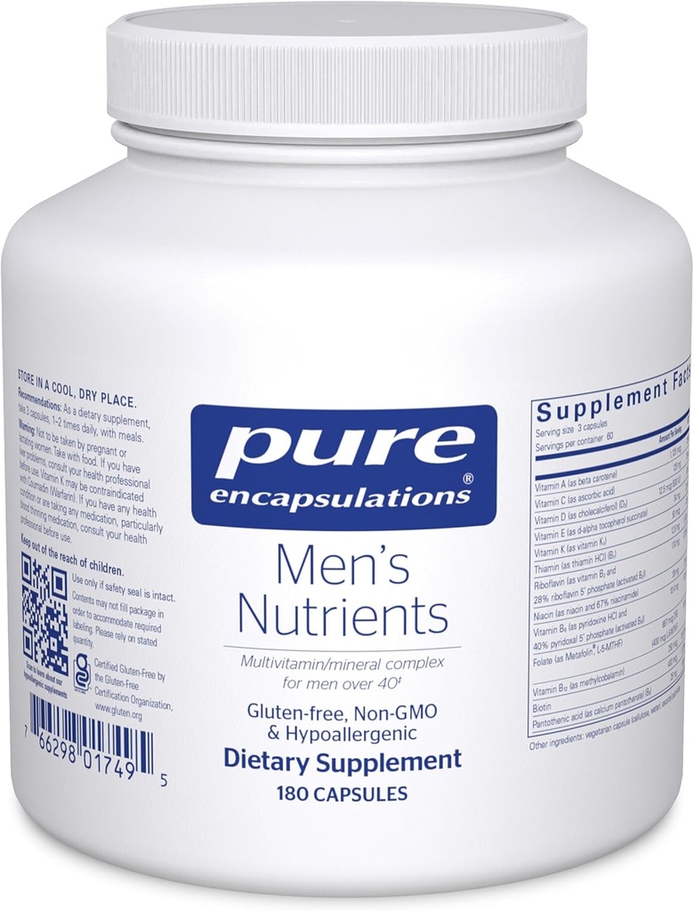 Encapsulations pures Nutriments pour hommes - Supplément minéral multivitamine pour soutenir l'énergie, l'endurance et l'endurance chez les hommes de plus de 40* - avec vitamine D, vitamine C et minéraux traces - 180 capsules
