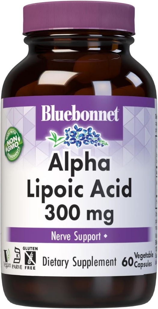 BlueBonnet Alpha acide lipoïque 300mg - puissant supplément de soutien antioxydant pour les femmes et les hommes - non-OGM, végétalien, casher - sans gluten, sans soja, sans lait - 60 capsules végétales
