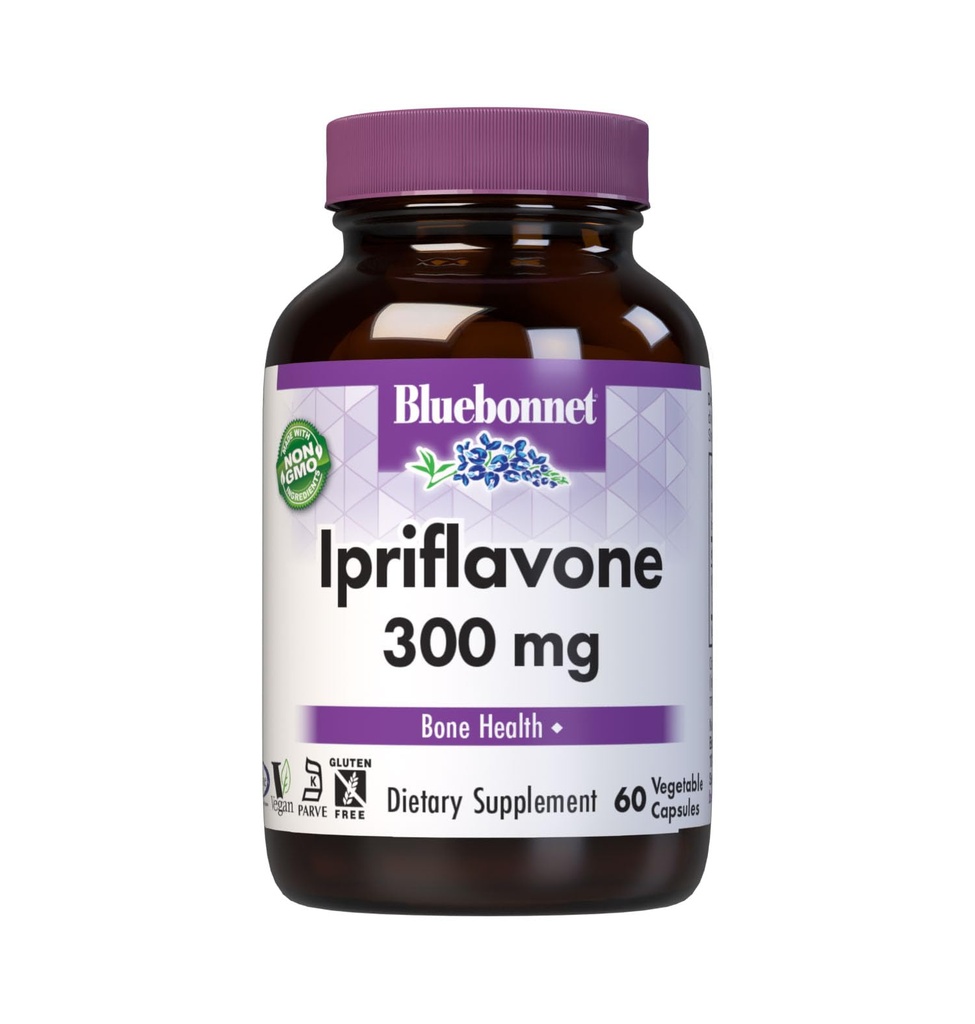 BlueBonnet Nutrition Ipriflavone 300mg – pour la santé des os* – Source d'Ostivone - Non-OGM, Vegan, Casher Certifié, sans gluten, sans soja, sans produits laitiers – 60 capsules végétales, 60 portions