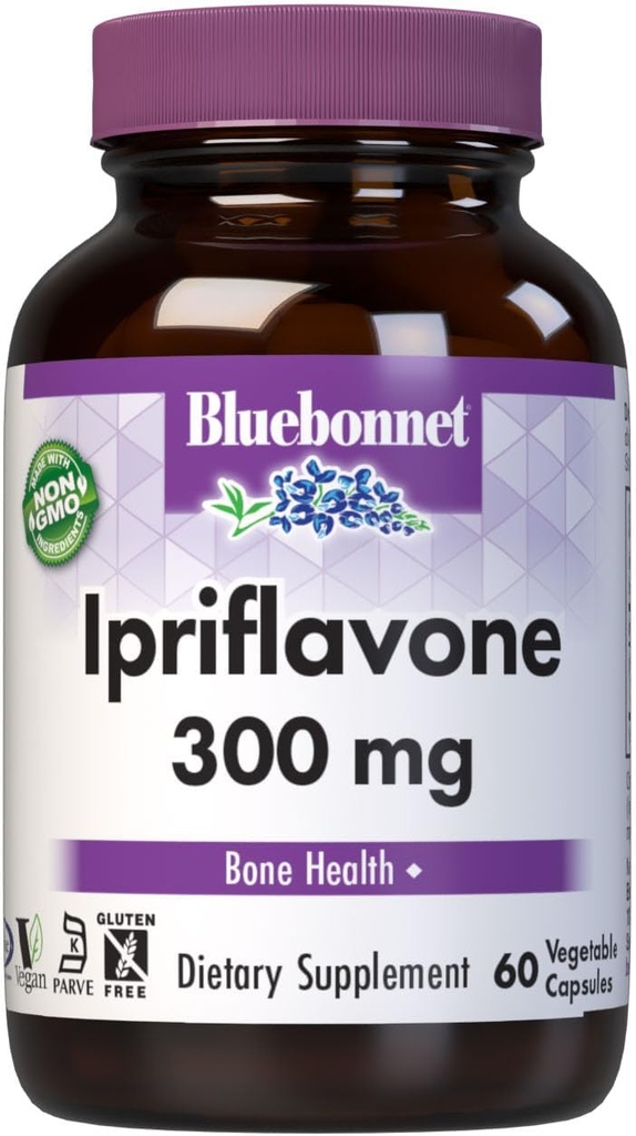 BlueBonnet Nutrition Ipriflavone 300mg – pour la santé des os* – Source d'Ostivone - Non-OGM, Vegan, Casher Certifié, sans gluten, sans soja, sans produits laitiers – 60 capsules végétales, 60 portions