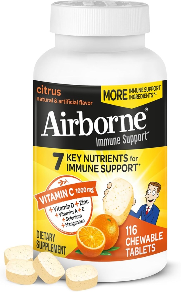 Airborne Vitamin C 1000mg (per Serving) - Citrus Chewable Tablets (116 Count in a Bottle), Gluten-Free Immune Support Supplement, with Vitamins A C E, Zinc, Selenium, Echinacea, Ginger, Antioxidants