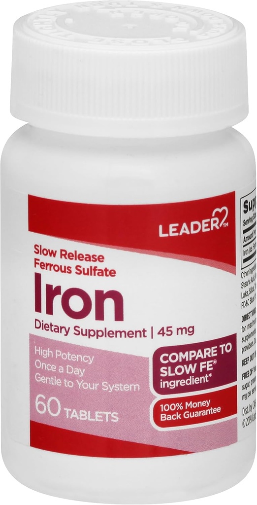 Leader Slow Release Iron 45MG Tablets 60 Ct. Gentle on Stomach Supports Red Blood Cells