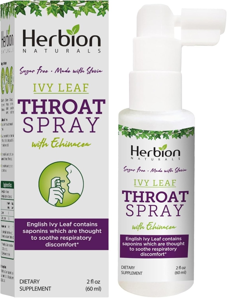 Herbion Naturals Throat Spray, apaise les troubles respiratoires avec la puissance de l'Ivy anglais, Marshmallow et Echinacea extraits pour adultes et enfants, 2 Fl Oz, pack de 1