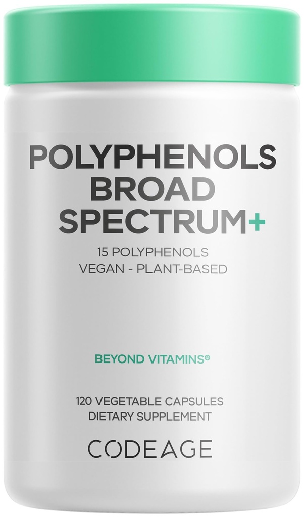 Codage Polyphénols Supplément spectre large - Mélange de 15 baies, fruits et extraits botaniques, feuille de thé vert décaf, Quercetin, resvératrol, grenade, curcuma - Non-OGM - 120 capsules