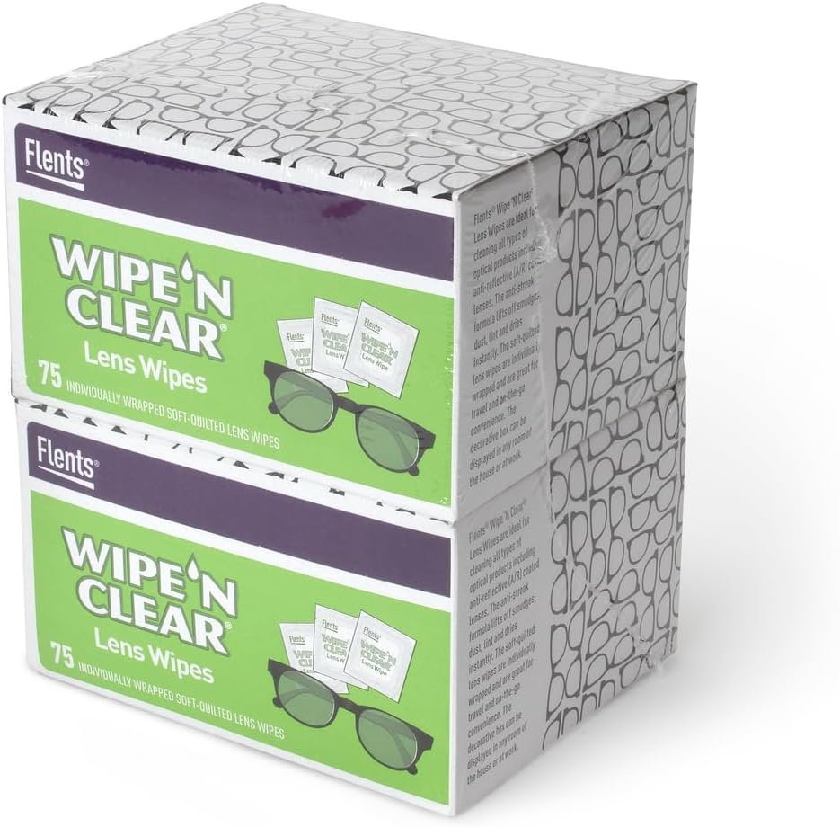 Essuie-lents, Wipe 'N Clear, 150 Comte, Pré-humidifié, sans écharpe, sans danger pour les lunettes, les lunettes de soleil, nettoyage doux, clair vision, emballé individuellement pour le voyage et la commodité, Fabriqué aux États-Unis