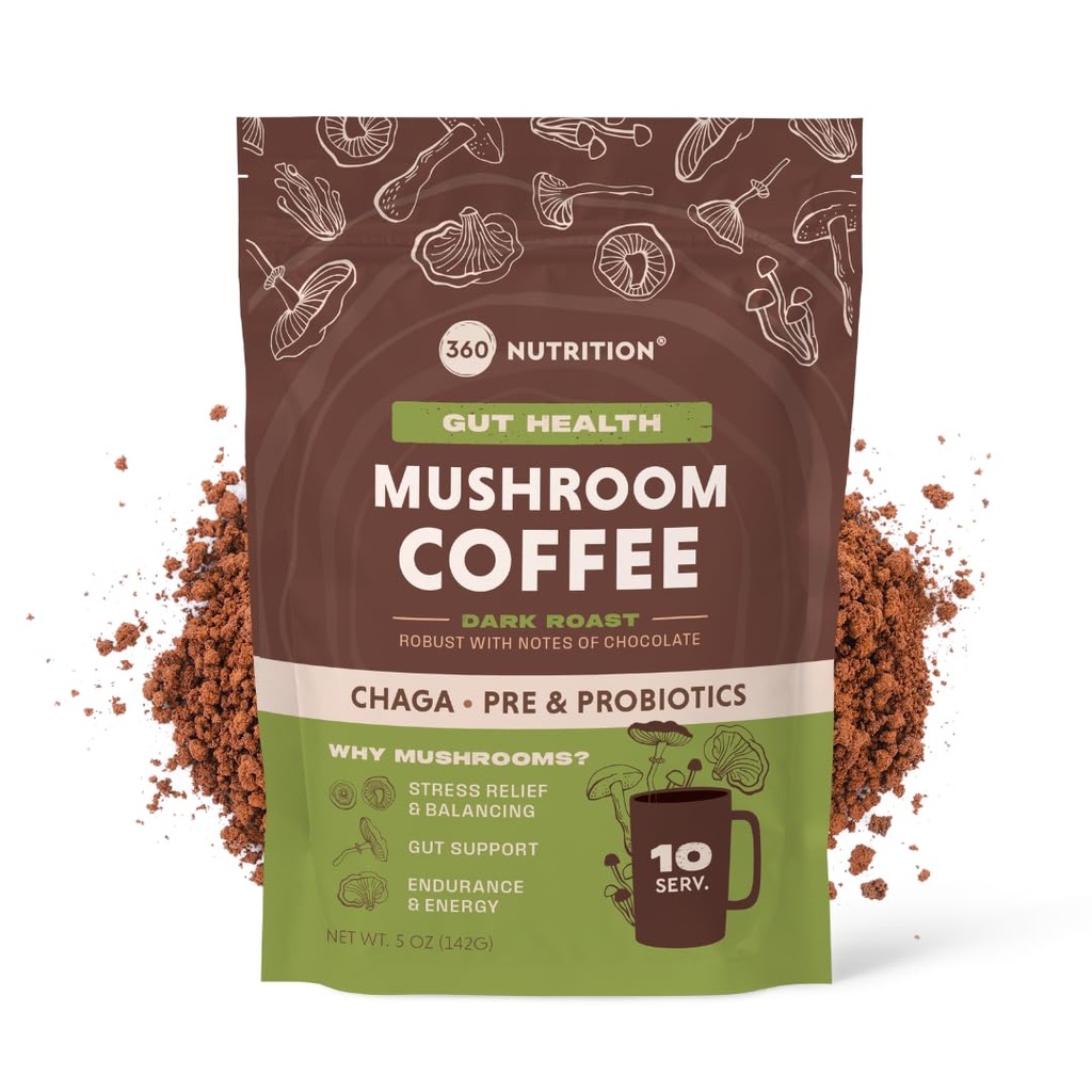 360 Nutrition Café de champignons instantanés avec Chaga Superfood Champignons et Prébiotiques, Probiotiques pour la santé de Gut, et Focus Support