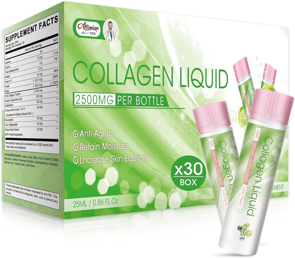 Collagène liquide pour les femmes, 2500mg Beauté Collagène boisson avec collagène marin peptides Glutathion anti-âge, conserver l'humidité, la vitamine C et la biotine pour la revitalisation de la peau (paquet de 30)-Lemon Flavor