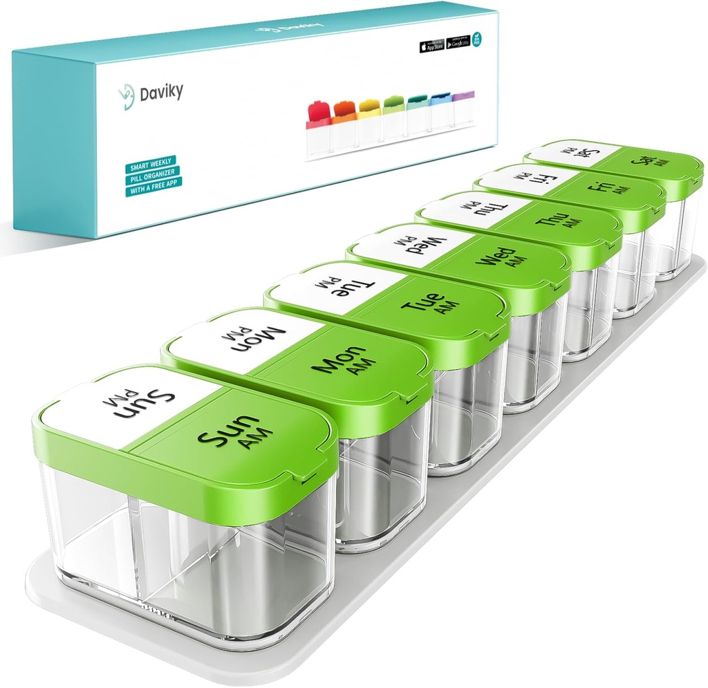 Daviky Large Weekly Pill Organizer 2 fois par jour, Extra Large Travel Pill Box 7 Jour, Am Pm deux fois par jour Pill Case, Pill Holder Container pour la vitamine, médecine, supplément, huile de poisson, sans BPA, vert