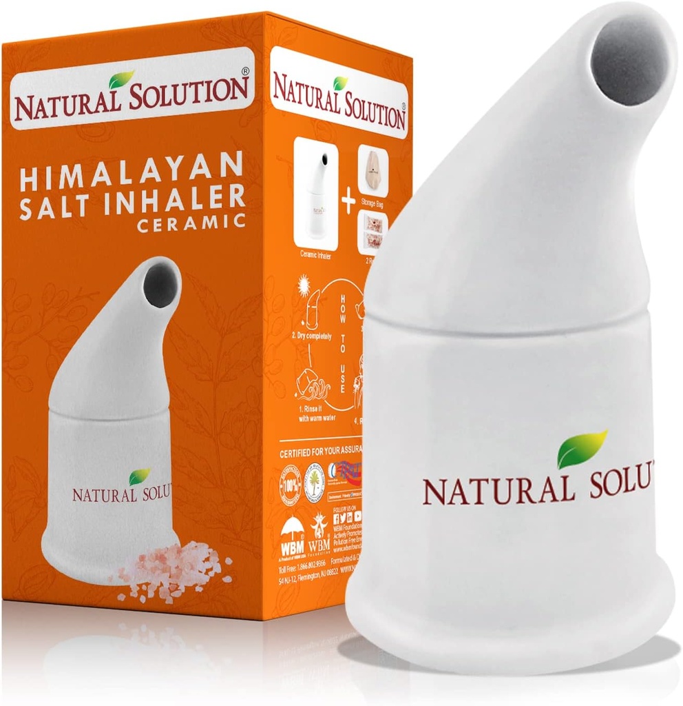 SOLUTION NATURELLE Inhalateur de sel de céramique avec 2 Recharges de sel rose de l'Himalaya, Nettoie le système respiratoire, Congestion Respirante Relief, Inhalateur pour Asthme Blanc 1 Compte