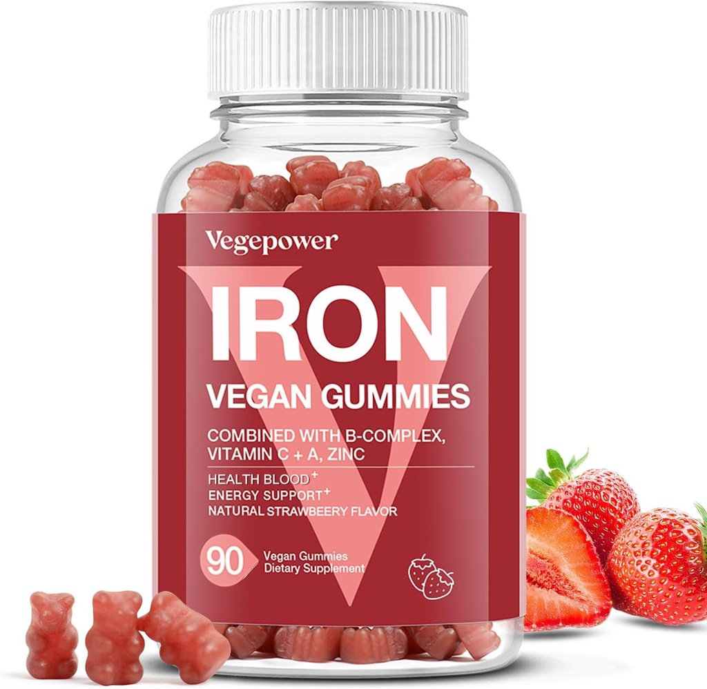 Suppléments Gommies de Fer pour les femmes et les enfants - Multivitamine avec vitamine C pour le soutien énergétique, Grande dégustation de vitamines Gommy de Fer avec vitamine C pour l'absorption maximale - Vegan, Fraise 90 Compte