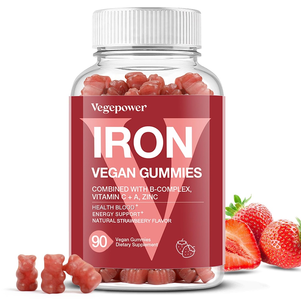 Suppléments Gommies de Fer pour les femmes et les enfants - Multivitamine avec vitamine C pour le soutien énergétique, Grande dégustation de vitamines Gommy de Fer avec vitamine C pour l'absorption maximale - Vegan, Fraise 90 Compte