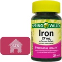 Spring Valley Fer sous forme de sulfate ferreux 27 mg, 250 Compte + Sticker STS Home.