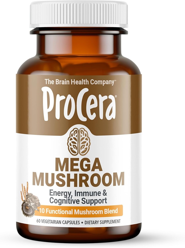 Procera Mega Champignon - Amélioration de la mémoire, de l'énergie naturelle et de la clarté mentale - Esprit clair - Lift Brain Fog - Immune Support - Detox - Lions Mane Chaga Cordyceps Shiitake Turkey Tail - 60 Comte