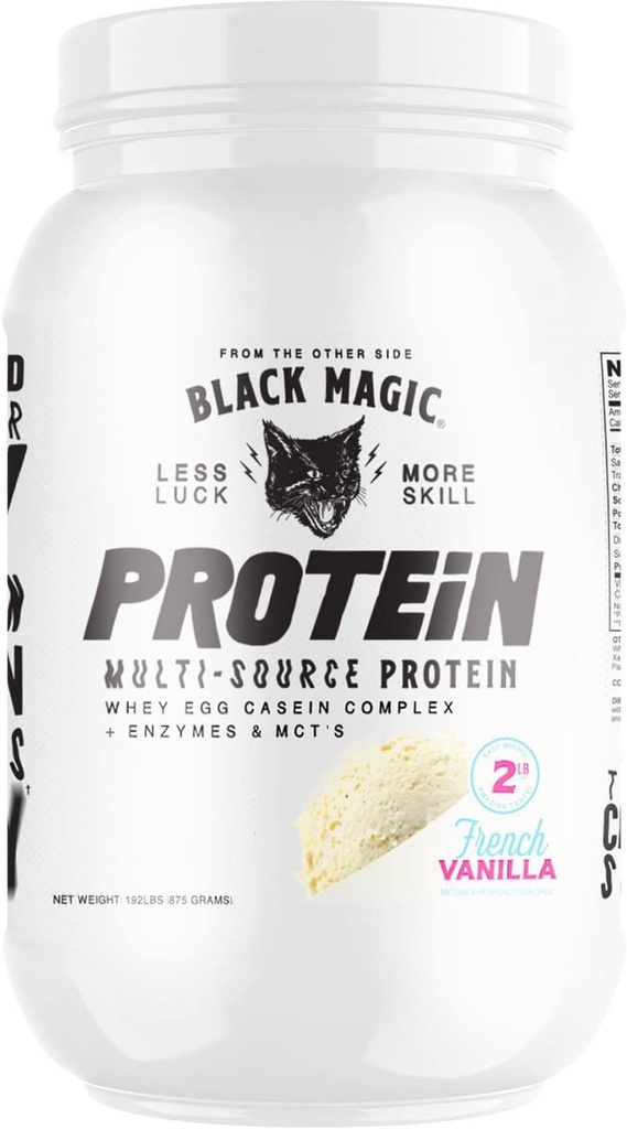 Protéines noires magiques multi-sources - Whey, caséine, enzymes et MCT - Pré-entraînement post-entraînement - Keto, faible sucre, sans gluten - Vanille française - 24g Protéines - 2 LB