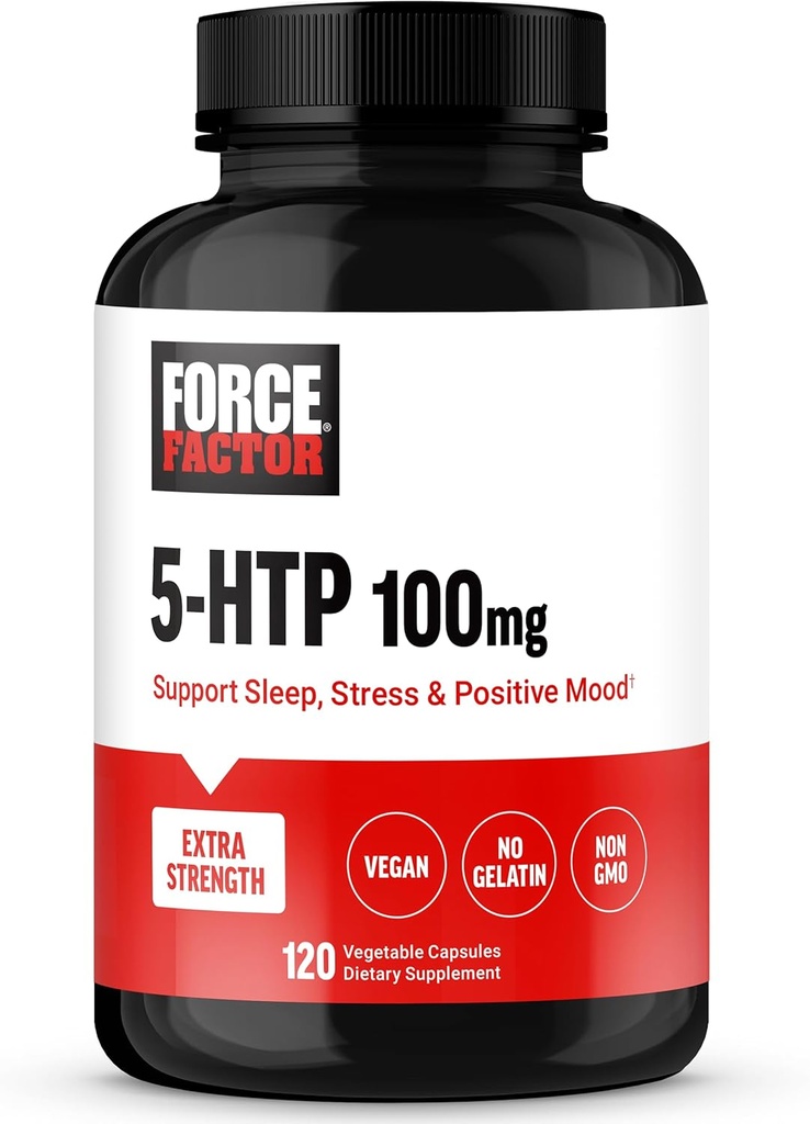 FACTEUR DE FORCE 5HTP Sleep Aid and Mood Support Supplement, Extra Strength 5 HTP, Supplément de sommeil naturel pour adultes pour soutenir le calme et l'équilibre du stress, végétalien, non-OGM, 120 capsules