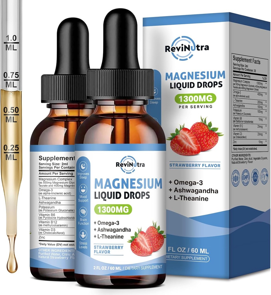 2 packs de glycinate de magnésium liquide gouttes avec Taurate et Citrate, Magnésium calme avec Oméga3, L-Theanine, Potassium, Ashwagandha, Vitamine pour le sommeil, Muscle, Santé immunitaire, Fraise sans sucre