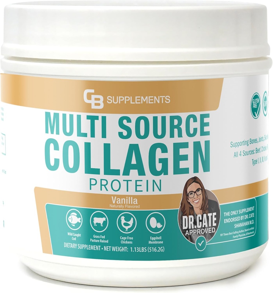 Suppléments CB Protéines multicollagènes – Collagène hydrolysé pour la santé des articulations, de la peau, de la peau, des cheveux et des ongles – Poudre aromatisée de vanille avec des types I, II, III, V & X – Alimentation herbacée et propre – 58 portions