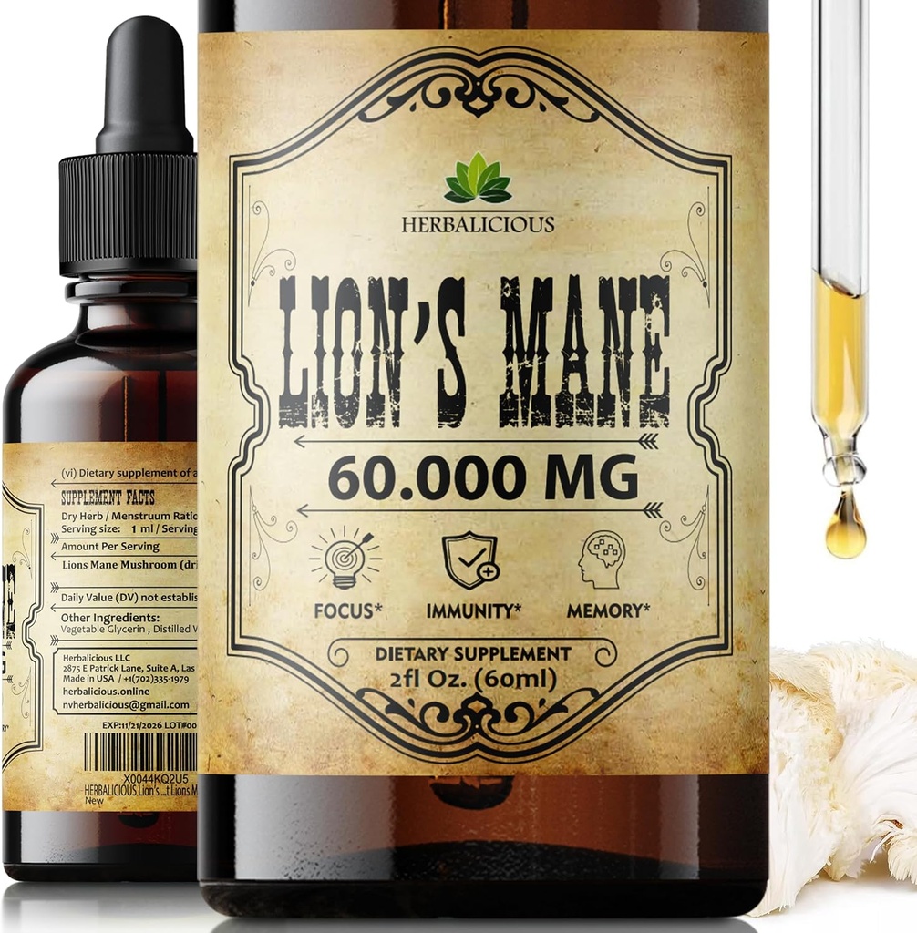 Lion's Mane Extract 2 fl oz Liquid – Teinture supplément de champignons naturels pour le cerveau, la mémoire, la clarté mentale et le focus – Immune Support – Formule haute puissance – 90 jours d'approvisionnement