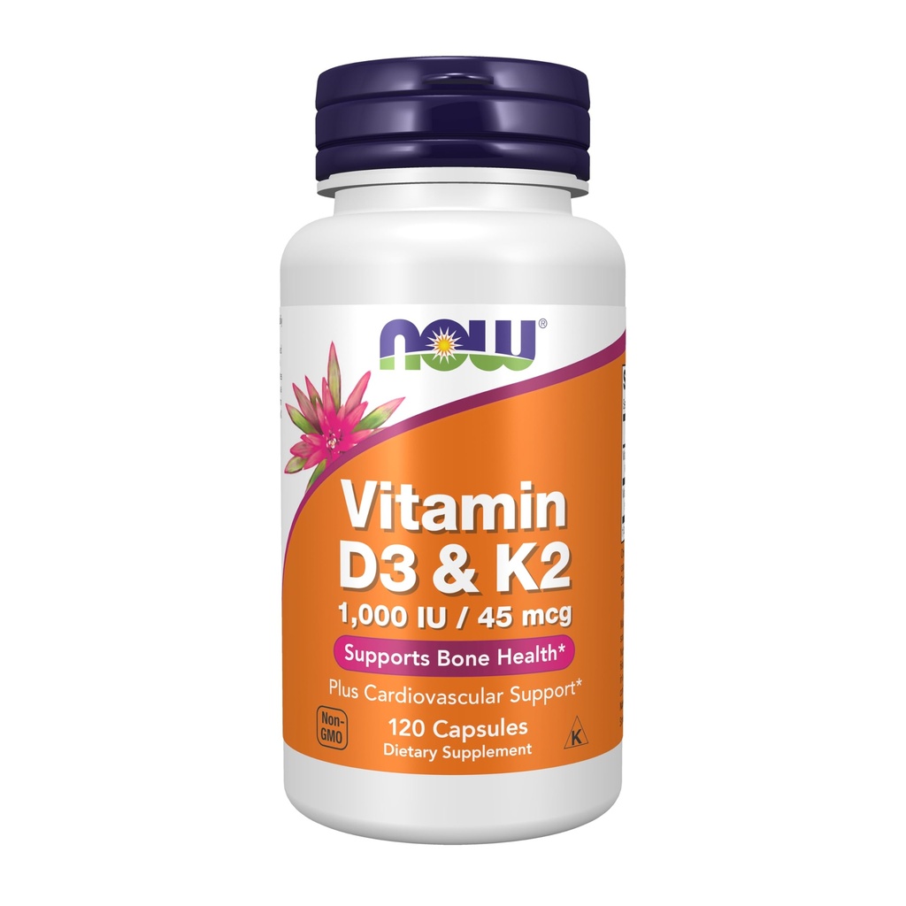 MAINTENANT Suppléments, vitamine D-3 et K-2, 1 000 UI/45 mcg,Plus Soutien cardiovasculaire*, soutient la santé osseuse*, 120 capsules veg