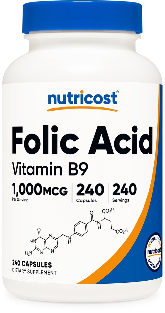 Acide folique de Nutricost (vitamine B9) 1000 mcg, 240 capsules