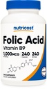 Acide folique de Nutricost (vitamine B9) 1000 mcg, 240 capsules