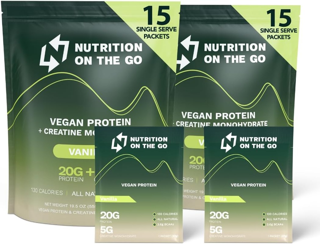Nutrition On The Go Vegan Protein Powder Packets with Creatine – 20g Plant Proteins + 5g Creatine – Single-Serve Travel Protein Powder – All-Natural, Gluten-Free – Vanilla – (30-Pack)
