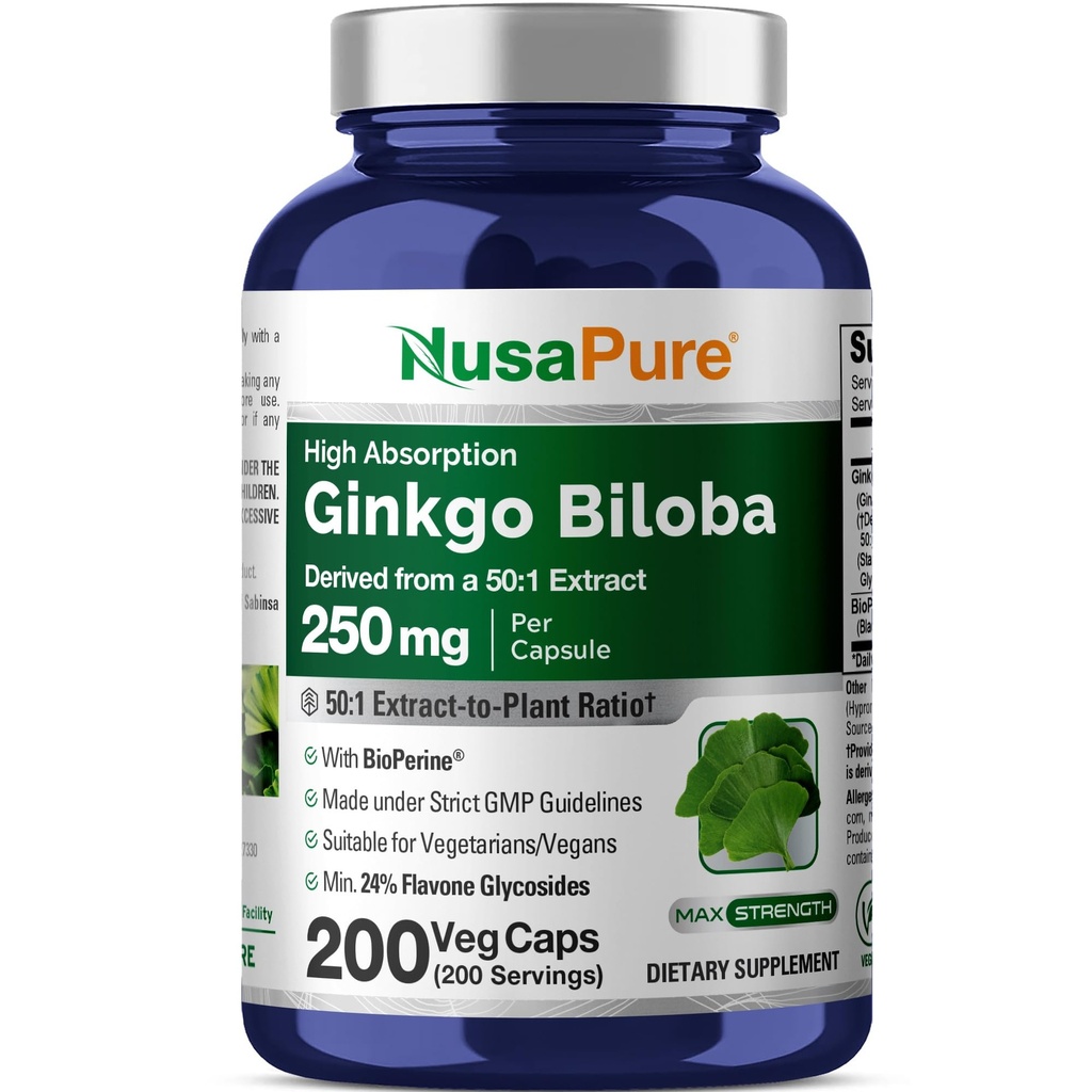 NusaPure Ginkgo Biloba 50:1 Extrait, 250 mg équivalent à 12 500 mg par Veggie Caps 200 Capsules (Végétarien, Non-OGM, Vegan) Biopérine