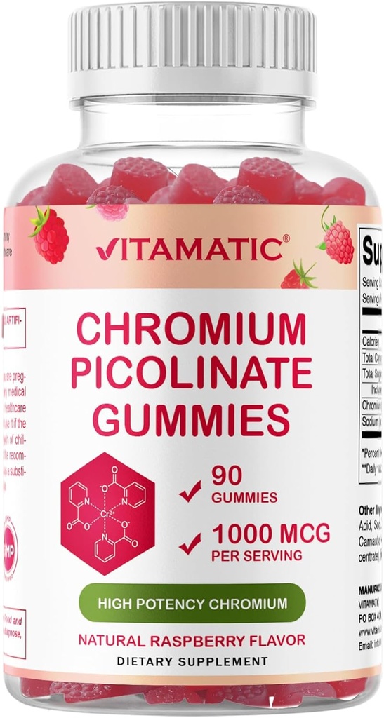 Picolinate de chrome vitamatique 1000 mcg - 90 Gommies - Chromium de haute puissance - Arôme des framboises