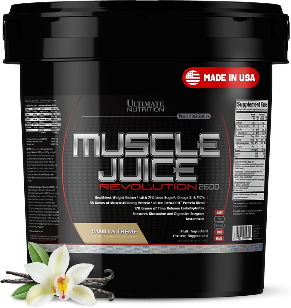 Ultimate Nutrition Muscle Juice 2600 Revolution, Weight Gain Drink Mix - Mass Gainer Workout Powder Supplement for Lean Muscle Growth & Recovery with 56g Protein Blend - Vanilla, 11.105lb