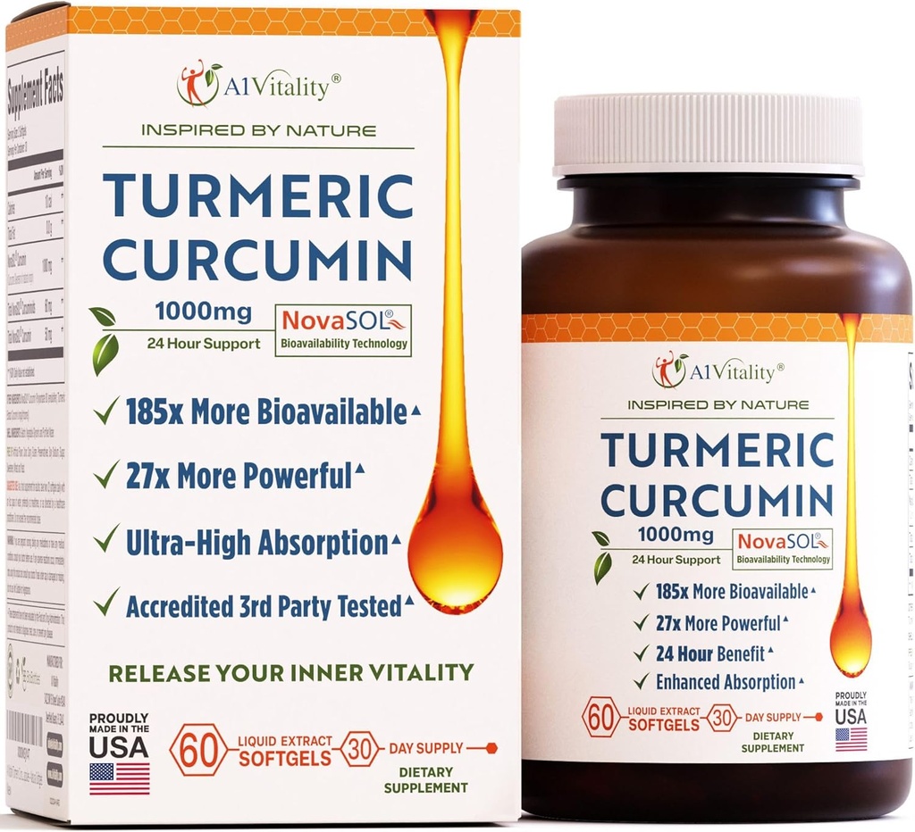 A1Vitalité NovaSOL Curcumin curcumin 1000mg – Prouvé cliniquement 185x Absorption supérieure – favorise le confort, la mobilité et le bien-être global – non-OGM, formule médicale, 60 Softgels.