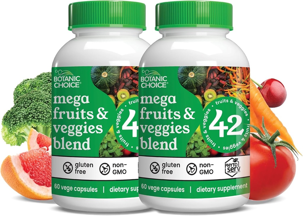 Botanic Choice Mega Fruits and Veggies Blend Total of 42 Fruit and Vegetables Like Elderberry, Chlorella, Kale Energy Balance & Superfood Vegetable Supplements for Adults - 2 Pack