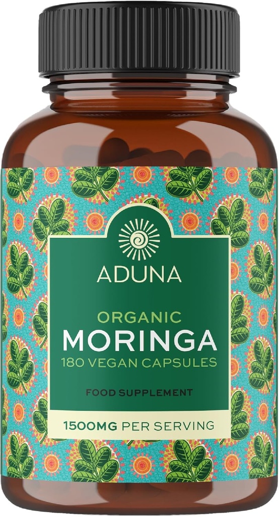Aduna Organic Moringa Capsules 1500mg.100% Pure Moringa Leaf pour l'énergie, l'immunité et le focus.