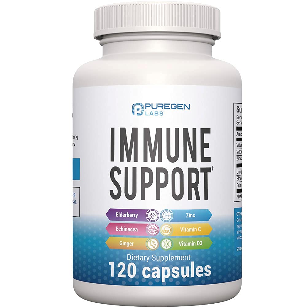 6 en 1 Immune Support 120 Capsules avec un mélange puissant de Elderberry, Echinacea, Ginger, Vitamine C 650mg, Vitamine D3 5000 UI et Zinc Picolinate 30mg- Supplément d'Immune Booster pour Adultes et Enfants