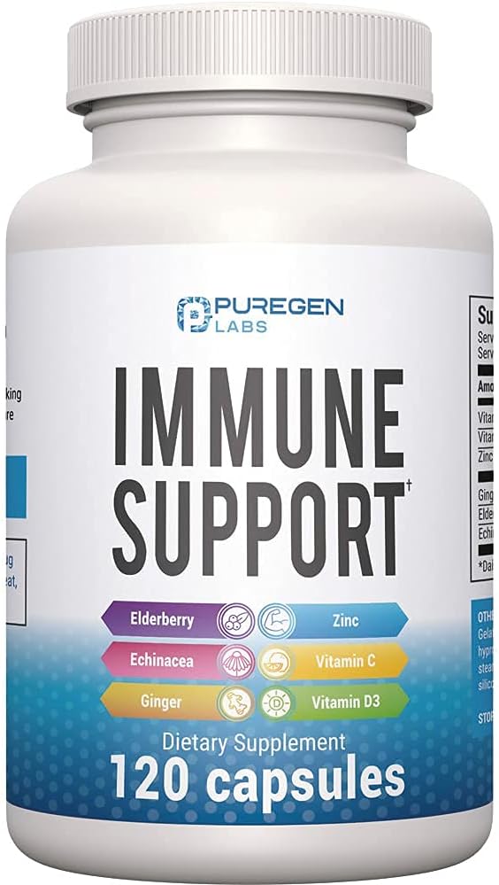 6 en 1 Immune Support 120 Capsules avec un mélange puissant de Elderberry, Echinacea, Ginger, Vitamine C 650mg, Vitamine D3 5000 UI et Zinc Picolinate 30mg- Supplément d'Immune Booster pour Adultes et Enfants