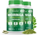 Moringa Capsules 2 Bouteilles (800mg) Pure Moringa Capsules en poudre – soutient l'énergie, le soutien immunitaire, la santé de Gut, le superaliment vert contient des vitamines et des acides aminés