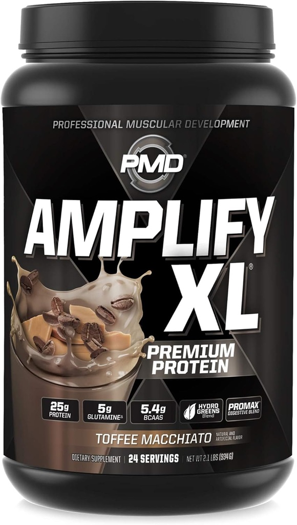 PMD Sports Amplify XL Premium Whey Protéines Supplément Hydro Greens Blend - Glutamine et protéines de lactosérum avec Superfood pour le muscle, la force et la récupération - Toffee Macchiato (24 portions)