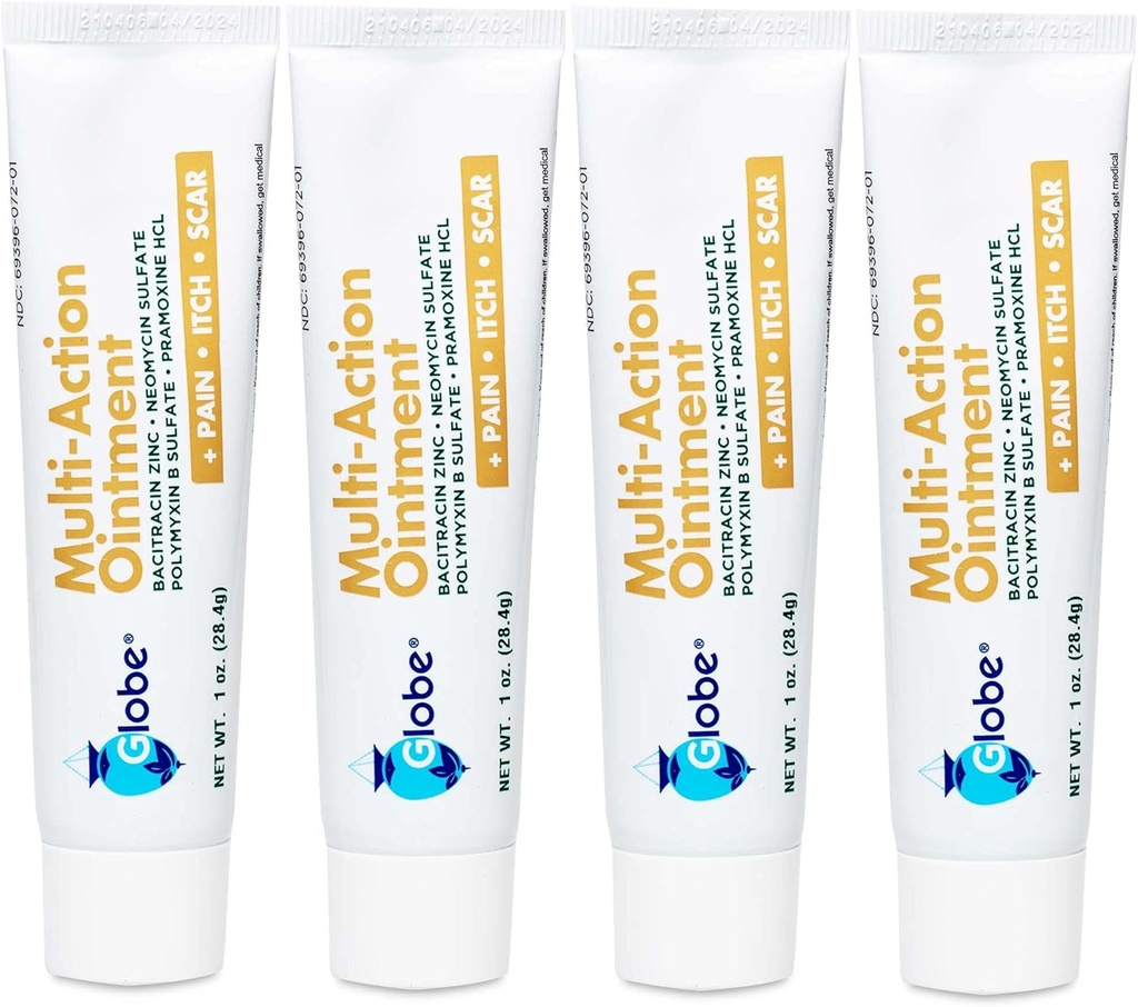 Globe (4 packs) Premiers soins Antibiotique Scar Minimisant Douleur-Soulagement, Onguent Anti-Itch avec Neomycin, Bacitracine Zinc, Pramoxine HCl et Polymyxine B, pour les coupures mineures, les scorps et les brûlures