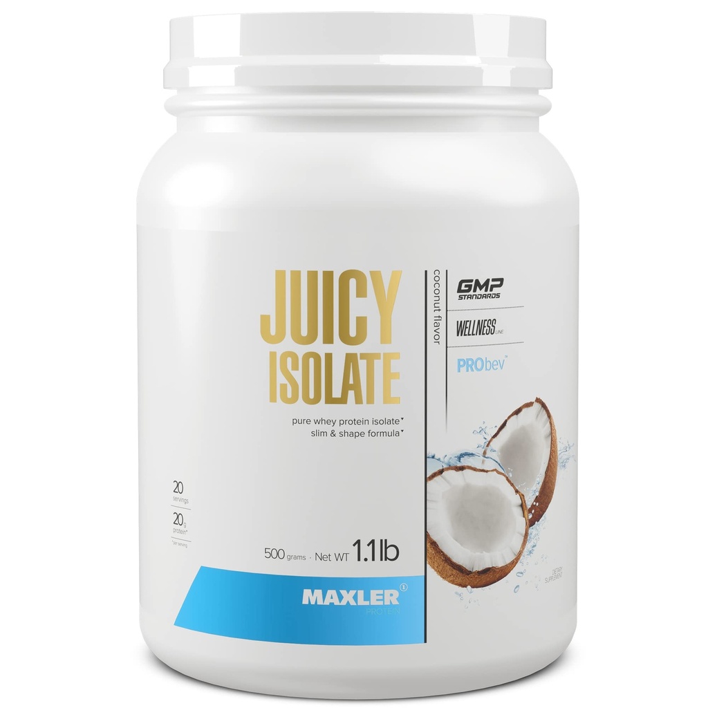 Poudre de protéines Isolée de jus de Maxler - Isolé de lactosérum clair - faible lactose, sans gras, sans sucre Boissons de récupération de muscles pour pré-entraînement et post-entraînement - 90% de protéines par portion - noix de coco 1,1 lb (20 portions)