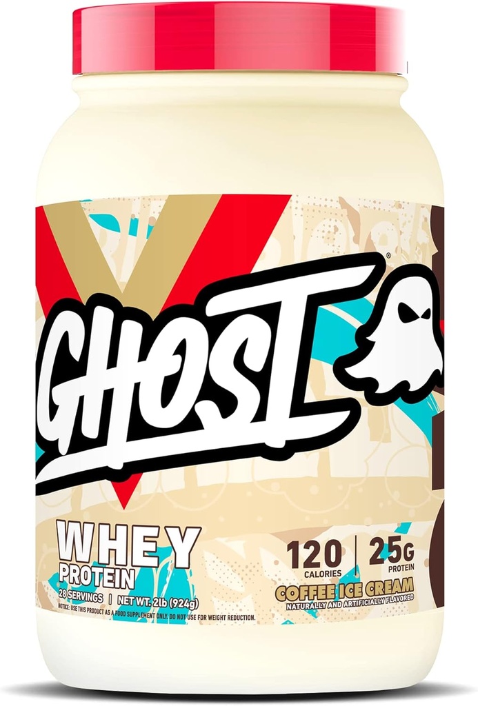 GHOST Poudre de protéines de lactosérum, crème glacée au café - 2LB, 25G de protéines - Mélange de protéines de lactosérum - -Après l'entraînement Fitness & Nutrition Shakes, Smoothies, Cuisson & Cuisine - Soy & Sans gluten